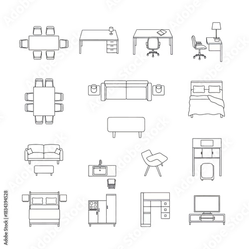 Furniture Layouts - Top-Down Views for Interior Design Planning.
