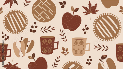 Autumn seamless pattern with apples pies leaves mugs and warm fall elements in rustic brown tones