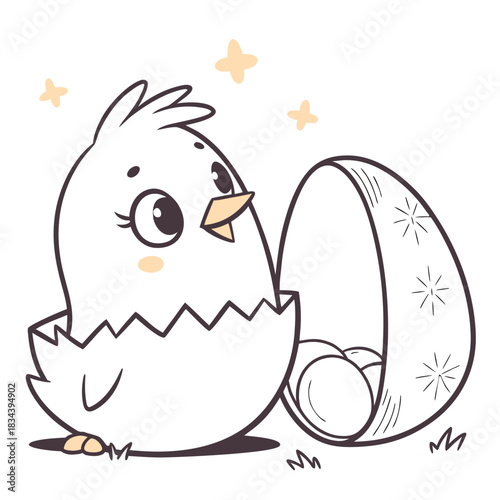 Cute chick hatching from egg with basket of eggs chicken baby bird