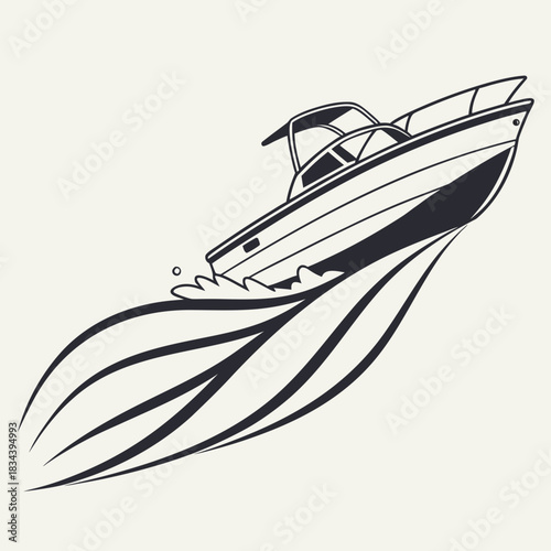Speedboat Cutting Through Waves Outline on White Background Keywords: speedboat, motorboat, boat