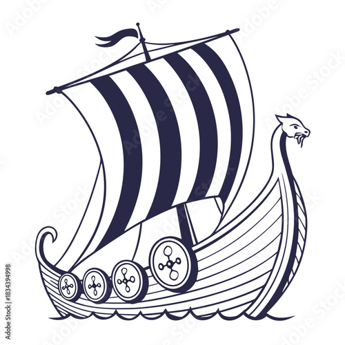 Viking Longship with Striped Sail and Dragon Head boat sailing