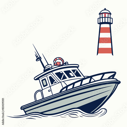 Illustration of a motorboat sailing near a red and white striped lighthouse vessel