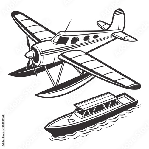 Seaplane and Motorboat on White Background airplane aircraft