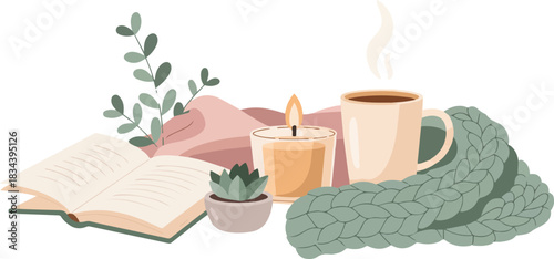 Relaxing Scene with Book Candle Coffee and Knitted Blanket Vector Illustration for Calm Cozy Atmosphere and Self-Care Moments Concept