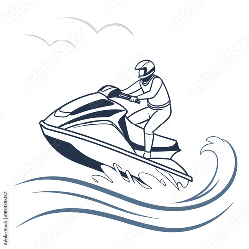 Jet Ski Rider Surfing a Wave with Seagulls Overhead Keywords: jet ski, person, rider, helmet