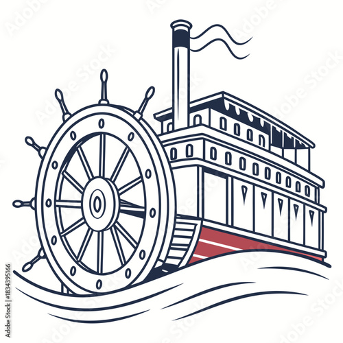 Vintage Paddle Steamboat Illustration on White Background Keywords: paddle steamer, steamboat