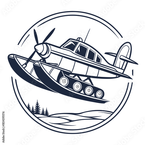 Vintage Seaplane with Floats and Ski Landing Gear Emblem airplane aircraft