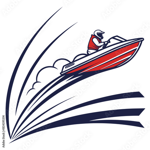 Speedboat with driver and motion trails on white background motorboat watercraft