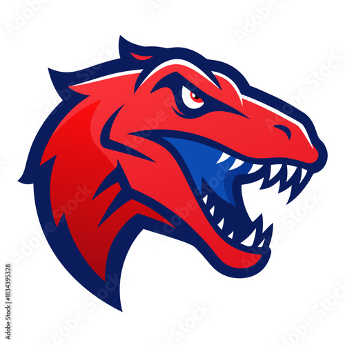 Fierce red dinosaur head mascot with sharp teeth