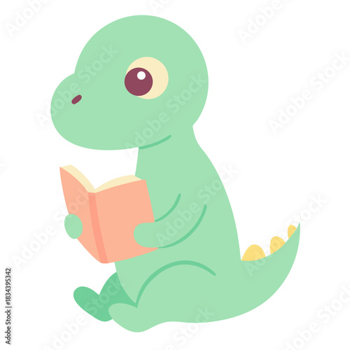 Cute green dinosaur reading a book