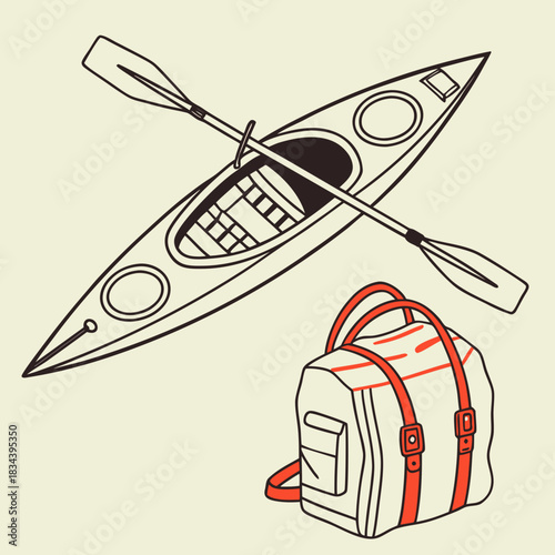Kayak and Duffel Bag with Red Accents on Beige Background canoe boat