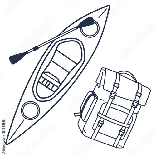 Kayak and Backpack Outline on White Background canoe boat