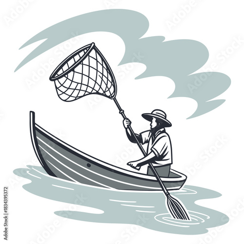 Person in Boat with Net on Water with Clouds canoe fishing net