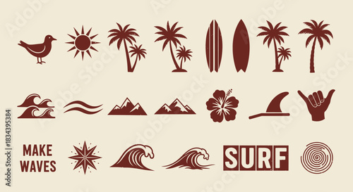 Collection of summer and beach-themed vector icons, featuring surfboards, palm trees, sun, waves, and tropical elements, ideal for vacation and seaside graphic designs