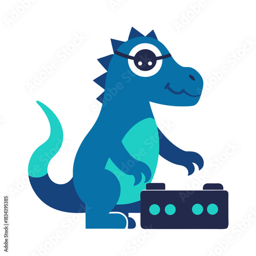 Cute blue dinosaur wearing an eye patch with a toy