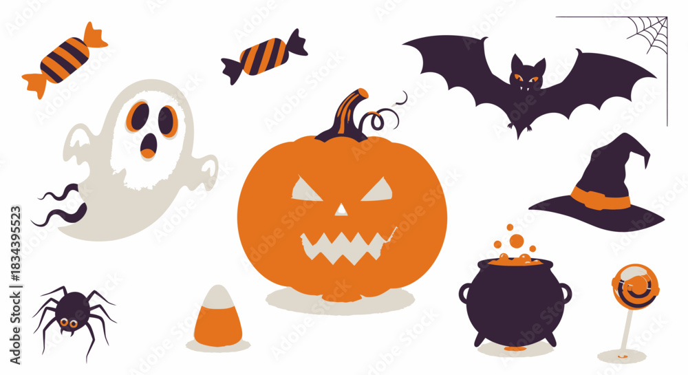 Obraz premium Fun Halloween elements collection cute ghost, carved pumpkin, flying bat, witch hat, cauldron, spider, and candies