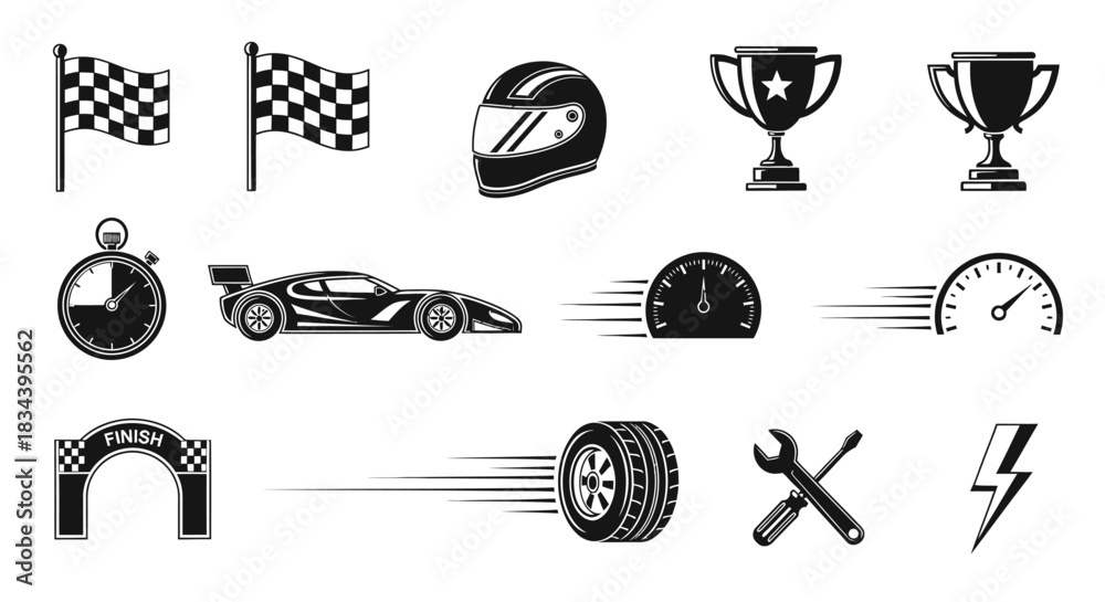 Fototapeta premium Set of racing icons checkered flags, helmet, trophy, stopwatch, race car, speedometer, finish line, tire, wrench, and lightning bolt
