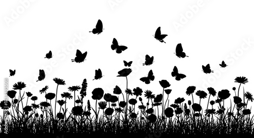 Silhouettes of wildflowers and fluttering butterflies against a white background, evoking a sense of nature's delicate beauty and free-spirited movement