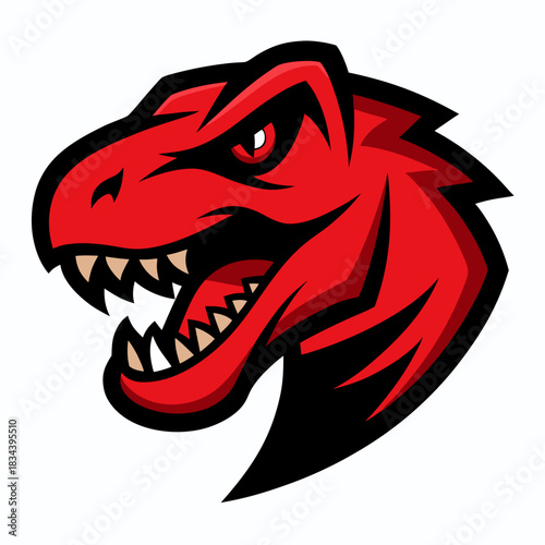 Fierce red dinosaur head with sharp teeth and angry eyes