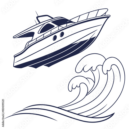 Speedboat Surfing Large Ocean Waves Line Art yacht watercraft