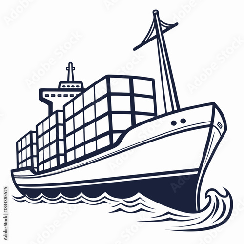 Cargo Ship with Containers on Stylized Waves Dark Blue Outline container ship freight