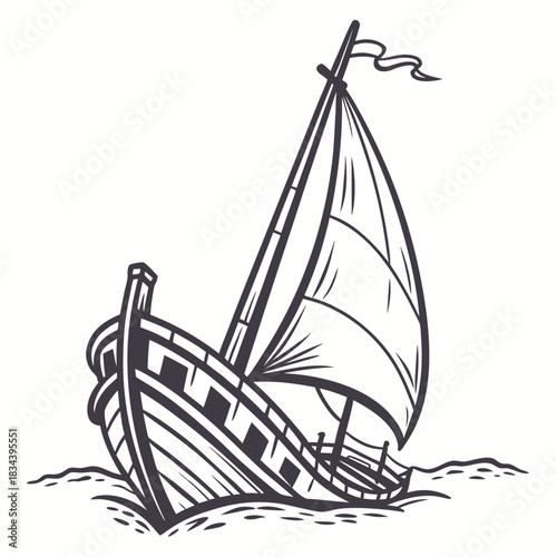Dramatic Line Art Illustration of an Old Sailing Ship on Waves Keywords: sailing ship, sailboat