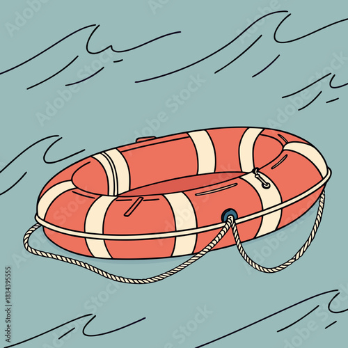 Orange and white striped life buoy floating on wavy blue water Keywords: life buoy, life ring