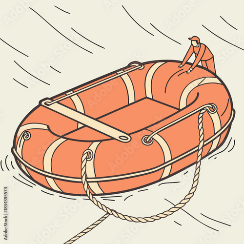 Orange inflatable raft secured by a thick rope on calm water Keywords: raft, inflatable, boat