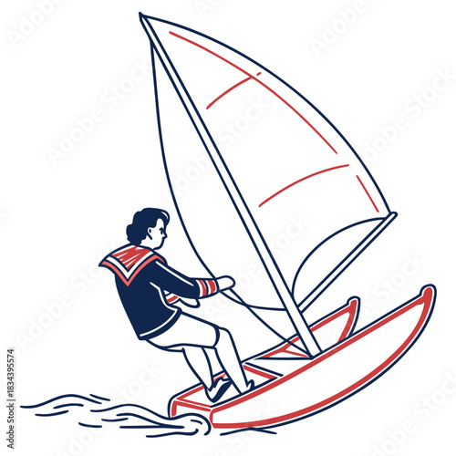 Line Art Illustration of a Person Windsurfing with Red and Blue Accents Keywords: windsurfing