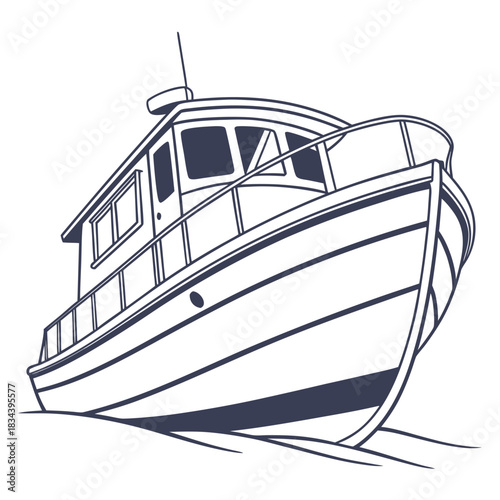 Stylized Line Art Illustration of a Motor Yacht on Water Keywords: boat, yacht, motorboat
