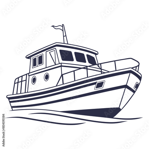 Side View Line Art Illustration of a Motor Yacht on Water Keywords: motor yacht, boat