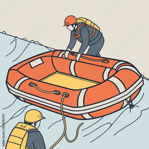 Two rescuers in life vests prepare an orange raft on wavy water Keywords: rescue, raft, life