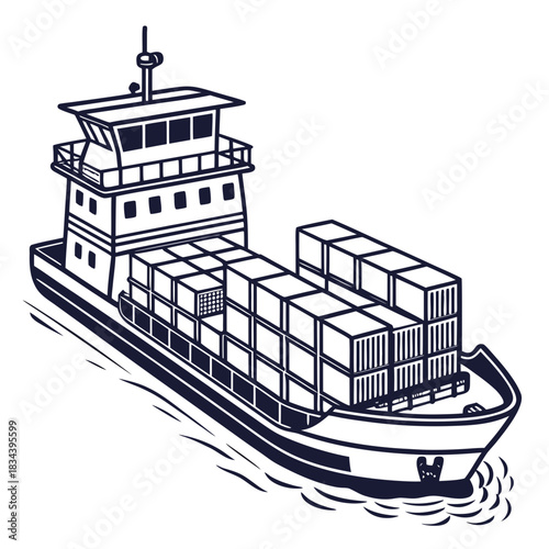 Line Art Illustration of a Container Ship with Cargo on Deck Keywords: container ship, cargo