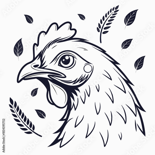Close-up Stylized Chicken Head with Falling Leaves and Wheat bird fowl