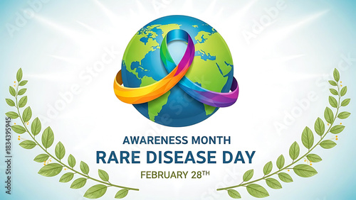 Global awareness for rare disease day with earth and colorful ribbon on february twenty ninth