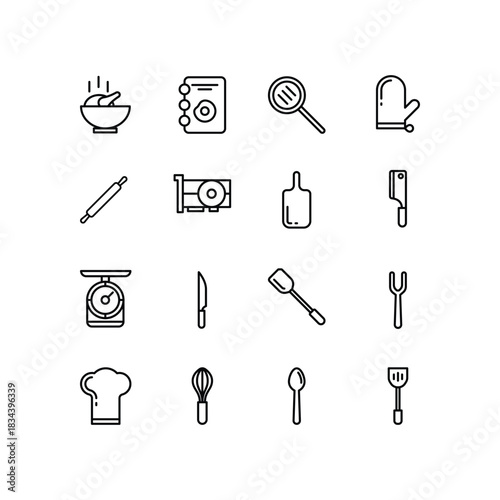 Collection of kitchen utensil line art icons