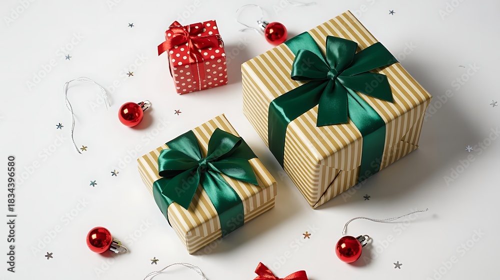Obraz premium Red ribbon bow decoration on a Christmas present gift box package