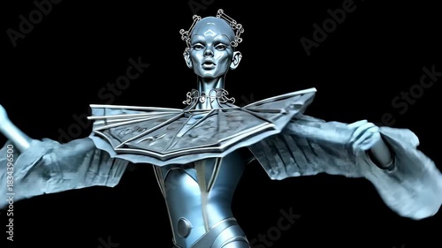 Futuristic 3D Model Metallic Character Design: Avant-Garde Fashion Element in Digital Art Sculpture