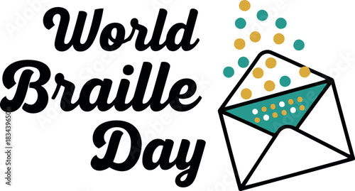 World braille day celebration with an open envelope releasing colorful dots symbolizing communication and literacy for the visually impaired
