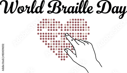 World braille day celebrates literacy and accessibility with a symbolic heart and a touching finger representing tactile reading