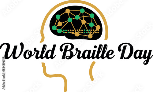 World braille day celebration with a stylized human head silhouette and a colorful brain graphic inside