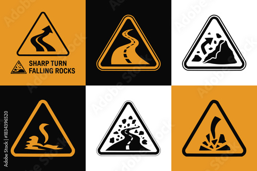 Road hazard warning signs set with sharp turn falling rocks landslide and slippery road icons in triangle caution symbols