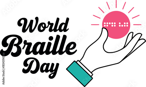 World braille day illustration with a hand holding a glowing pink orb representing knowledge and accessibility