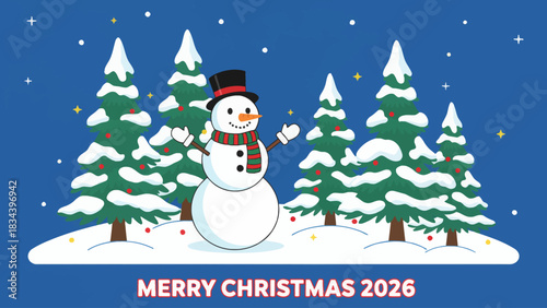 snowman built among tall snow-covered pine trees, creating a magical forest landscape ideal for Christmas 2026 designs