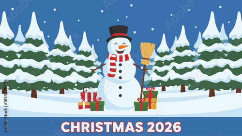 snowman built among tall snow-covered pine trees, creating a magical forest landscape ideal for Christmas 2026 designs
