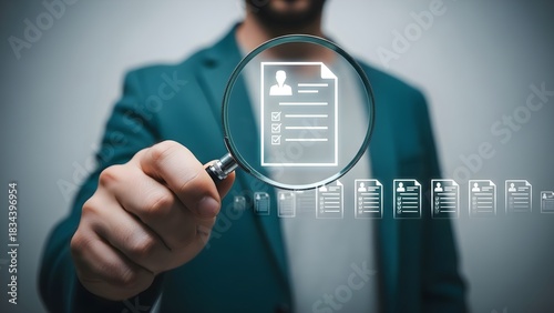 Businessman holding a magnifying glass to examine a digital resume icon, symbolizing recruitment and talent search.