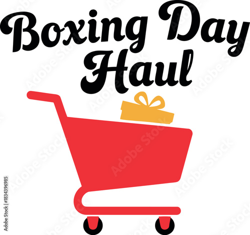 Bright red shopping cart overflowing with a golden gift box symbolizing a successful boxing day shopping haul