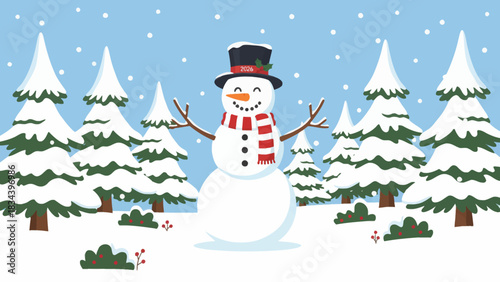 snowman built among tall snow-covered pine trees, creating a magical forest landscape ideal for Christmas 2026 designs