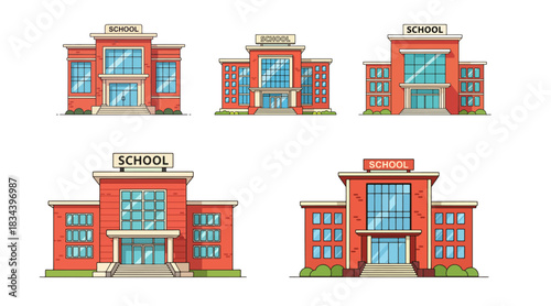 Collection of Diverse School Building Illustrations Showcasing Architectural Variety