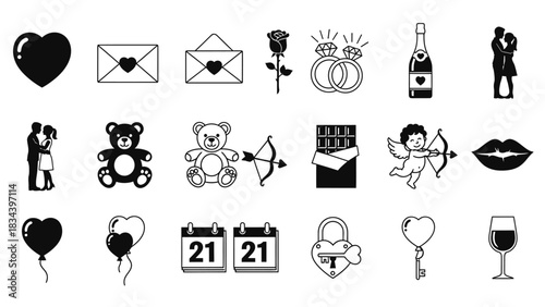 Black and white icons for Valentine's Day and romance with hearts and couples Keywords: heart, love, valentine, romance
